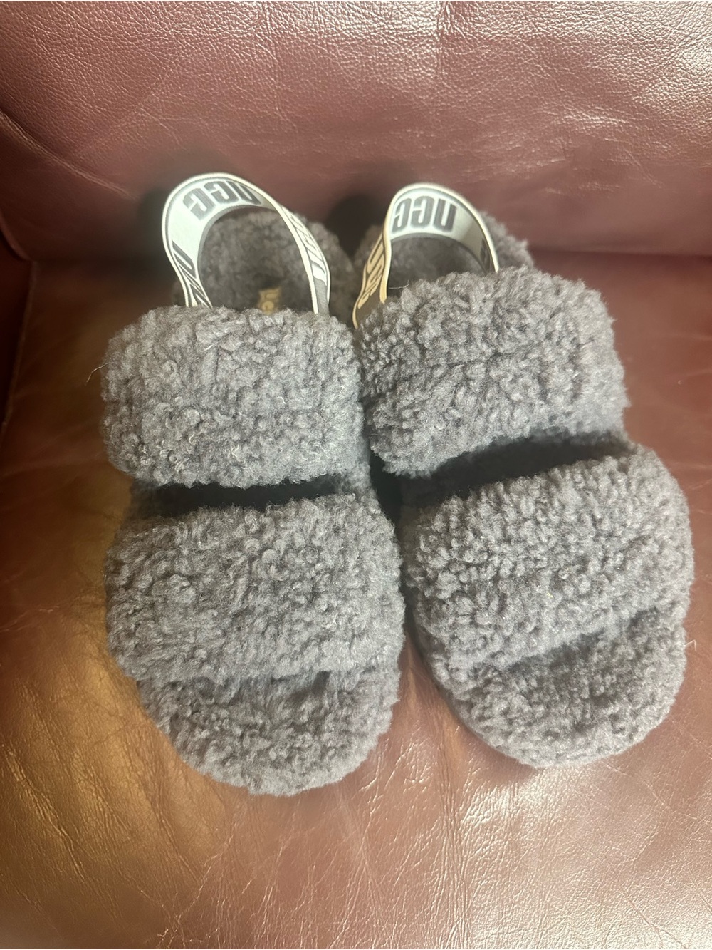 UGG Gray Shearling Double-Band Slide Slippers